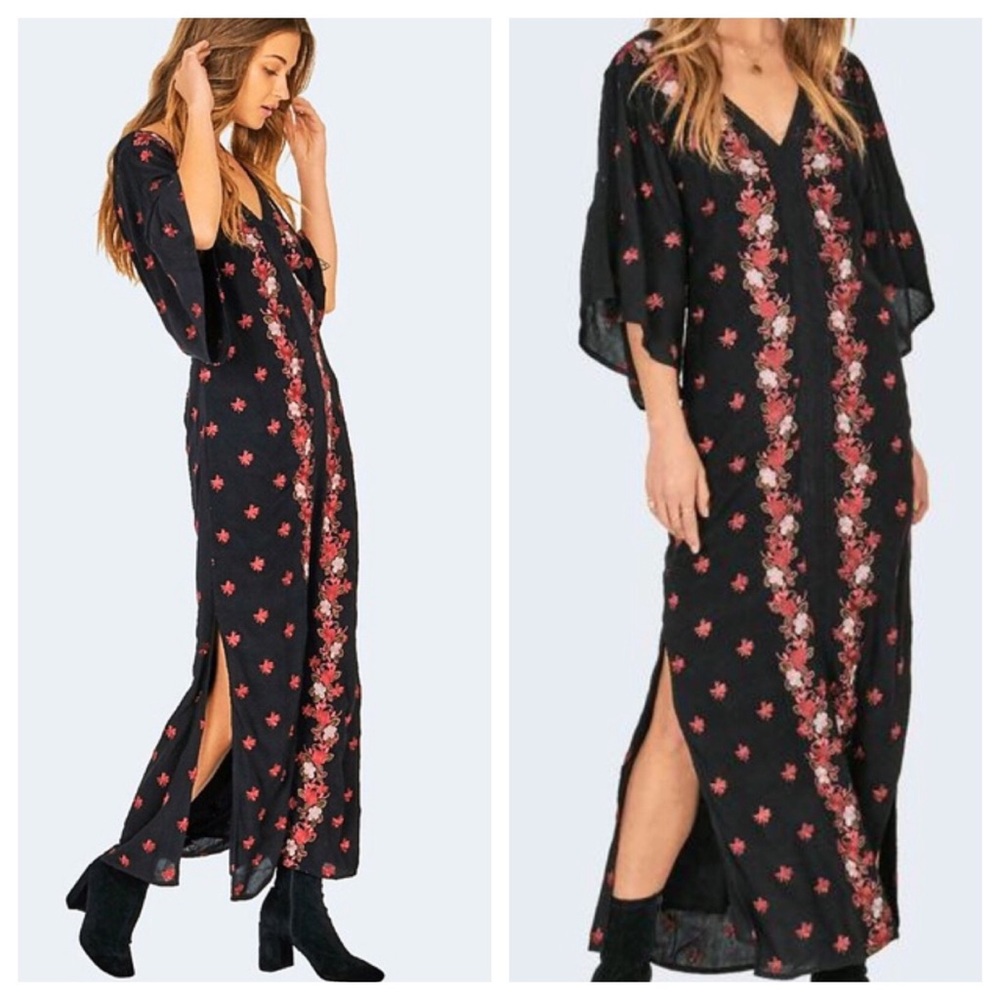Amuse Society Lulus Black Embroidered Kaftan Dress